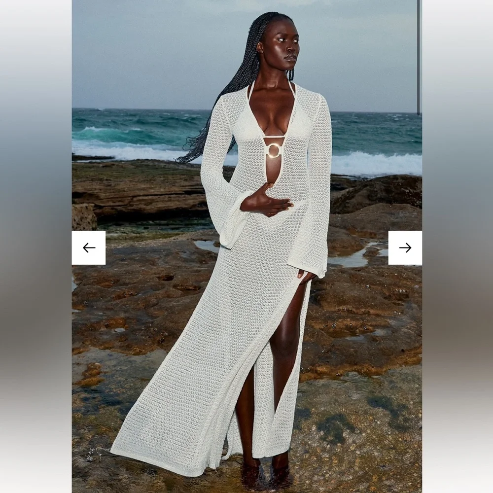 Monday Swimwear Cream Knit Maxi Coverup with Front Ring Keyhole